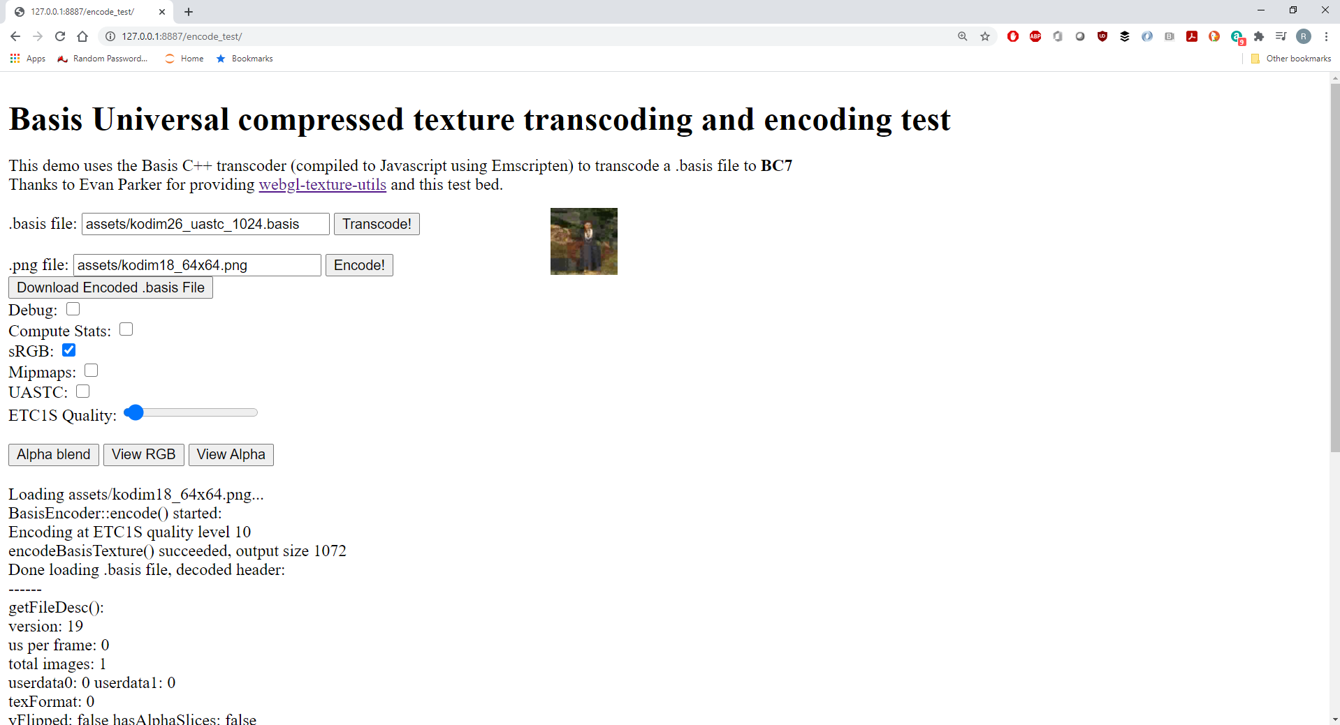 Screenshot showing the encode_test demo